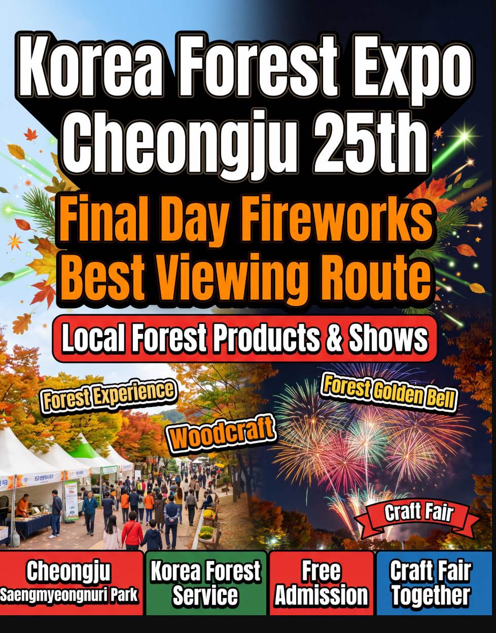 Korea National Forest Expo 2026 at Saengmyeong Nuri Park in Cheongju, North Chungcheong Province — autumn forest exhibition grounds with timber craft workshops