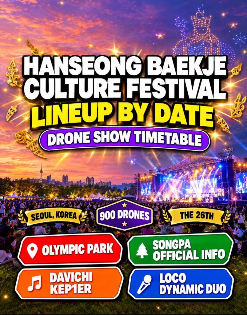 Hanseong Baekje Cultural Festival 2026 at Olympic Park 88 Lawn with 900-drone light show over the night sky in Seoul