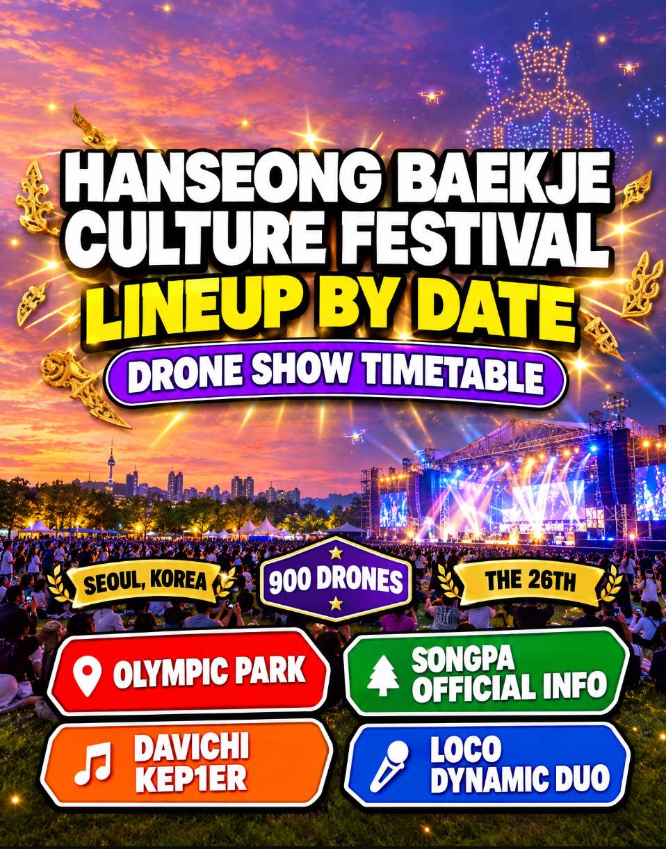 Hanseong Baekje Cultural Festival 2026 at Olympic Park 88 Lawn with 900-drone light show over the night sky in Seoul